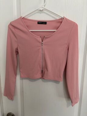 SHEIN Dusty Pink Ribbed Zip-Front Long Sleeve Crop Top